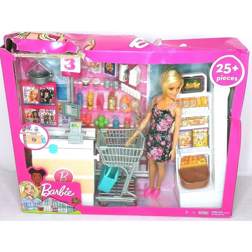 Barbie Grocery Store Doll Shopping Cart Working Belt 25+ Pc Blonde DAMAGED BOX